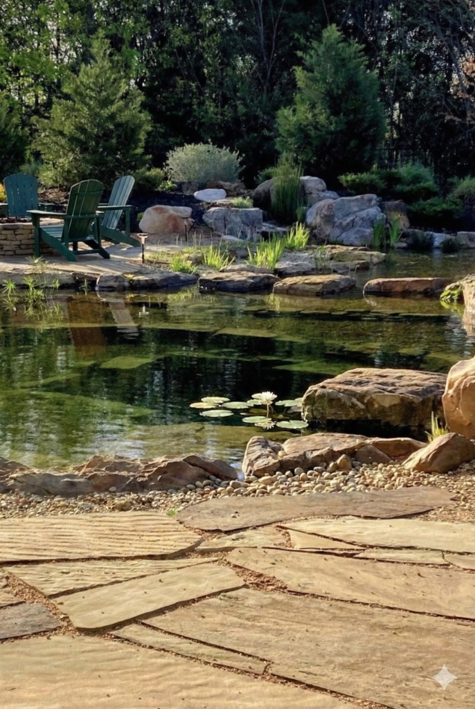 Natural stone freshwater swimming pond exclusively for co-farmers at Brindhavan Estates
