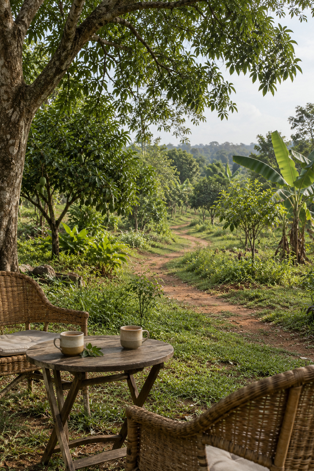 Illustrative garden chairs and a farm path at Brindavan Estates