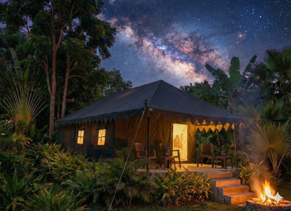Luxury Swiss tent under a starry night sky with a crackling firepit at Brindhavan Estates