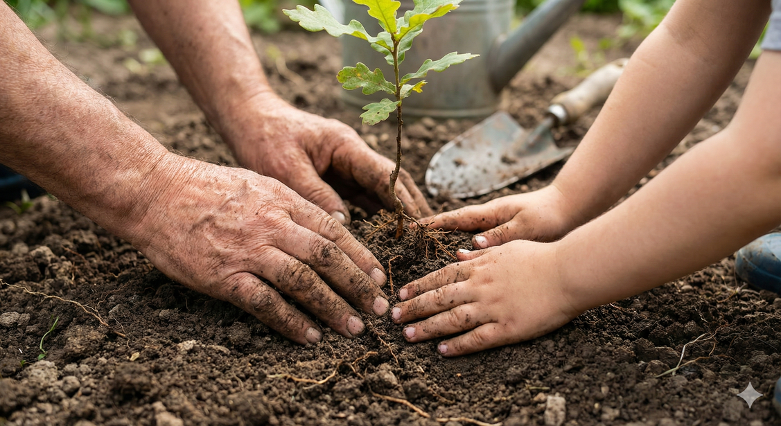 Morning mist over the organic farmland at Vriksha