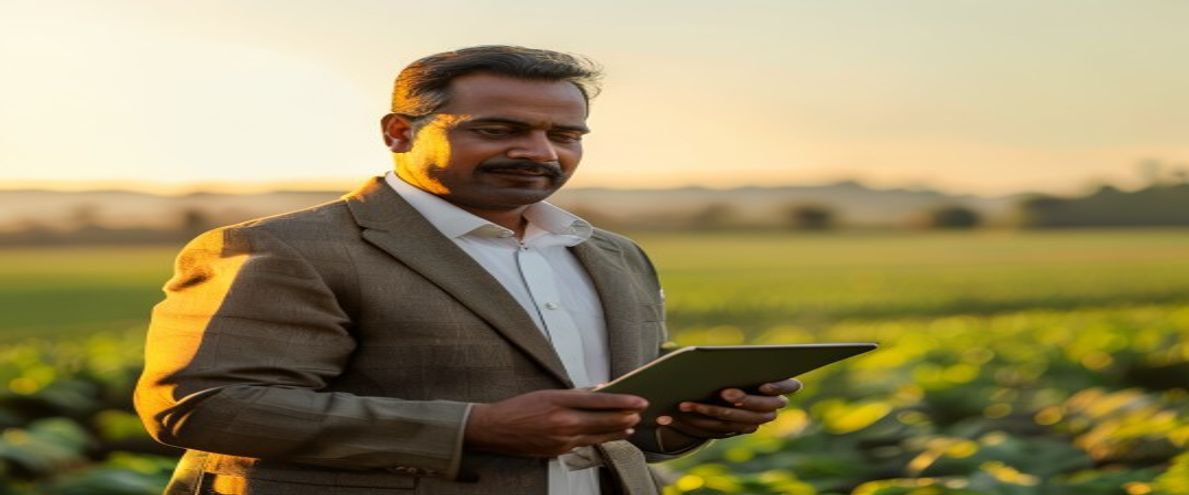 Indian investor reviewing farmland pricing on tablet, green fields at golden hour