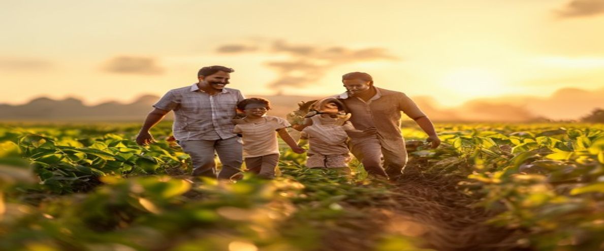 Happy Indian family walking through lush farmland at golden hour