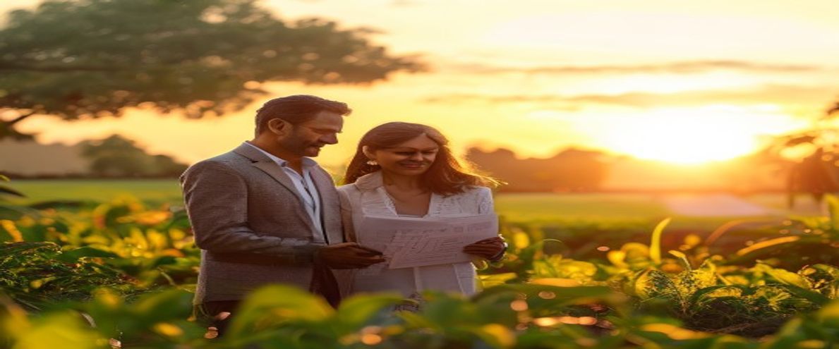Affluent Indian couple reviewing farmland investment documents at golden hour