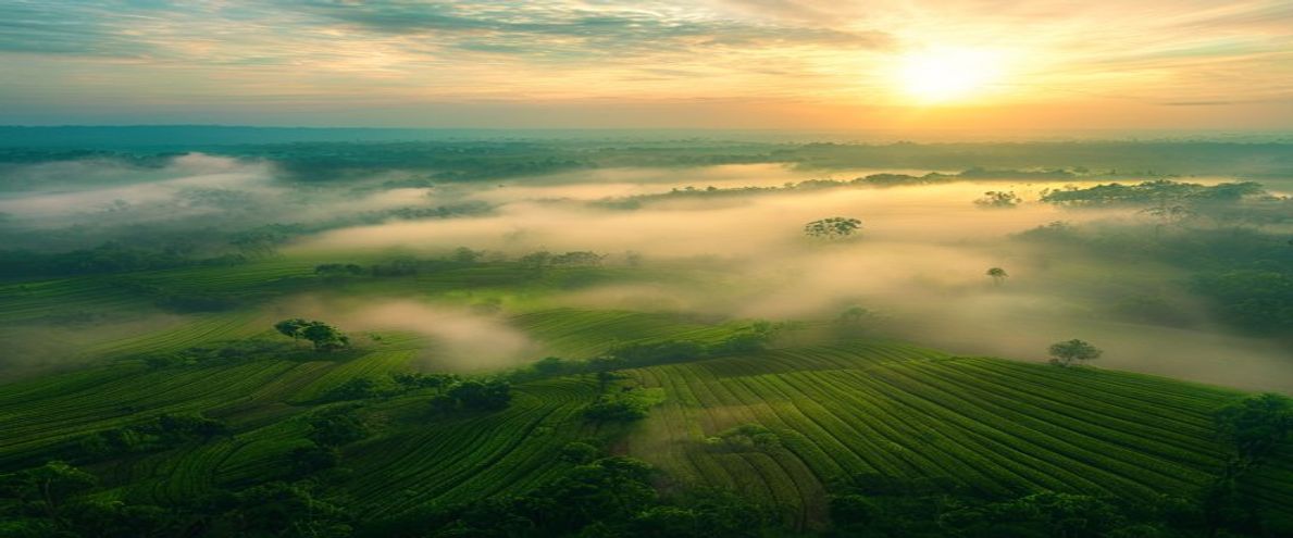 Aerial view of lush Karnataka farmland at sunrise — the natural alternative to city apartments