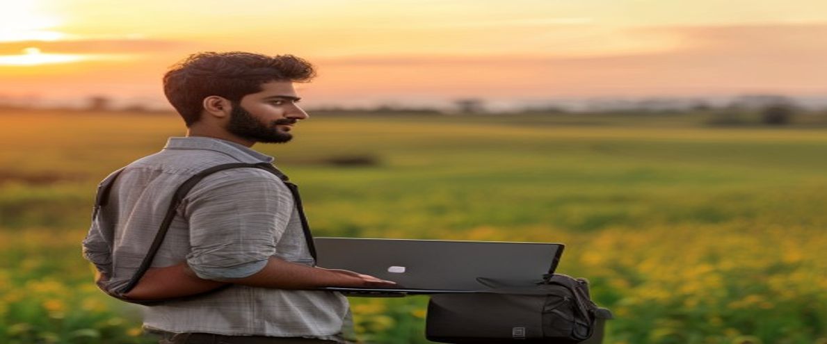 Young Indian IT professional with laptop standing on open green farmland at sunset
