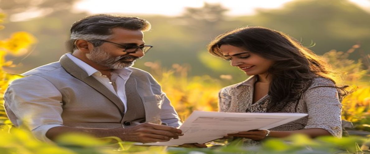 Indian couple reviewing farmland legal documents with advisor at golden hour
