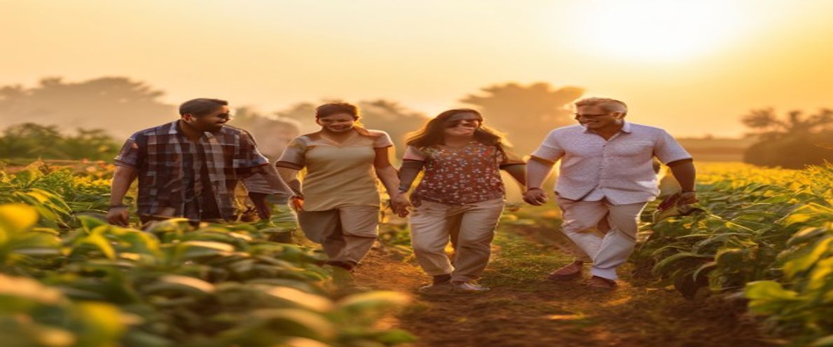 NRI Indian family walking through their managed farmland near Bangalore at golden hour