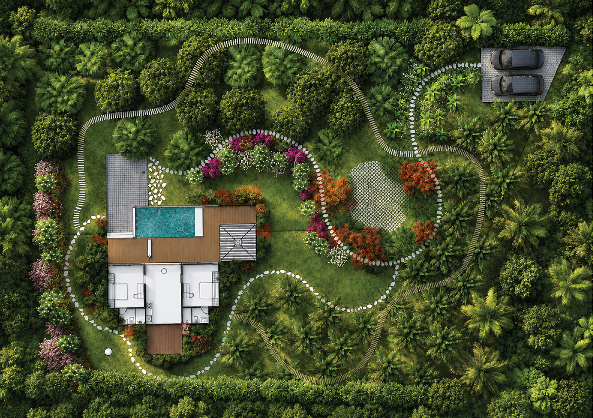 Montebello 27 Roots. Aerial render of a house and garden at Doddamallekere.